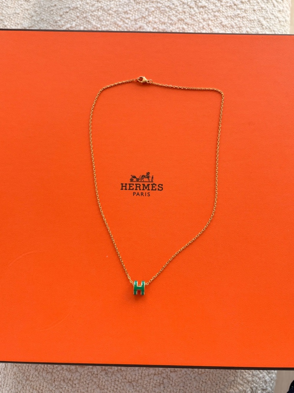 Hermes Gold Chain Necklace with Green 'H' Pendant